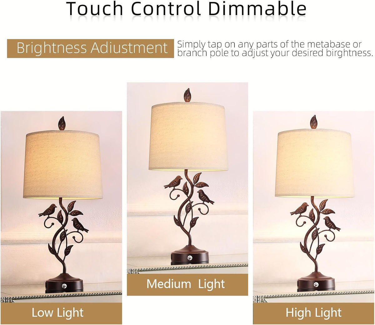 27" Touch Farmhouse Bird Table Lamps for Living Room with 2 USB C+A Ports