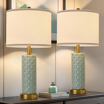 Small Bedside Table Lamp for Bedroom - Reading Desk Lamp with 3 Color Temperatures，15.5" Nightstand Ceramic Lamp with Fabric Shade for Kids Room,Living Room,Dorm,Home Office (White)