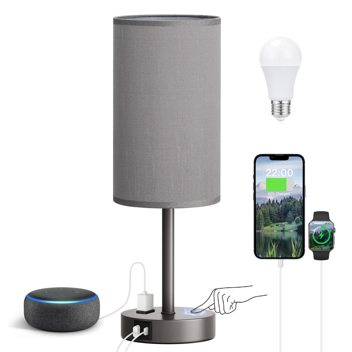 Fenmzee Bedside Table Lamp for Bedroom - Dimmable Touch, USB A+C, AC Outlet