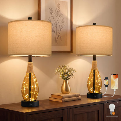 OYEARS Bedside Table Lamp with USB, 23‘’ Black Modern Nightstand Lamps for Bedroom, Retro Rattan Table Lamps for Night Stands, Living Room, Farmhouse Table Lamp with Glass Nightlight Lamps