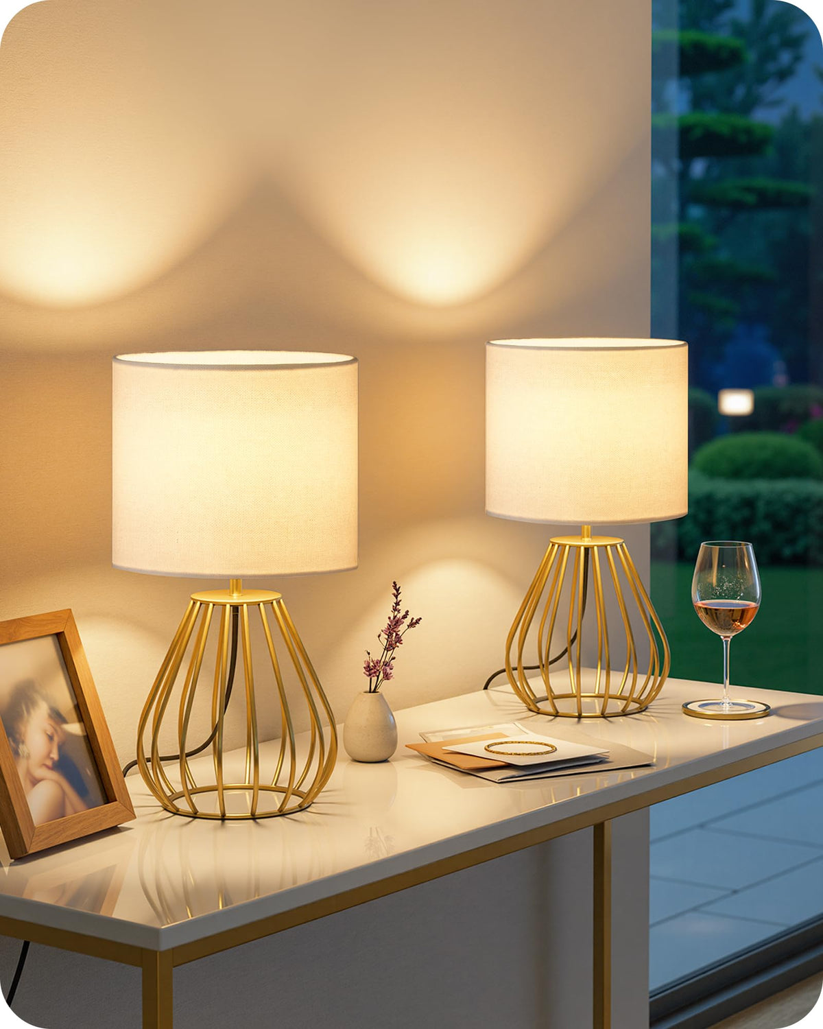 Gold Table Lamp, 12.6 Inch Small Bedside Lamp with 2700K LED Bulb