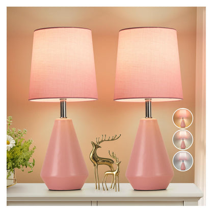 Small Bedside Table Lamp for Bedroom - Reading Desk Lamp with 3 Color Temperatures，15.5" Nightstand Ceramic Lamp with Fabric Shade for Kids Room,Living Room,Dorm,Home Office (White)