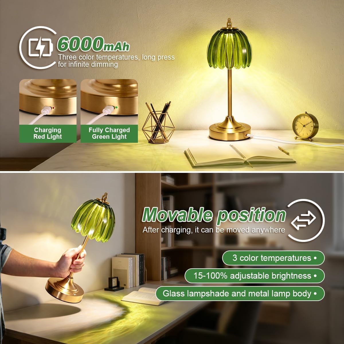 Glass Tulip Table Lamp, Cordless Rechargeable Desk Lamp - Green