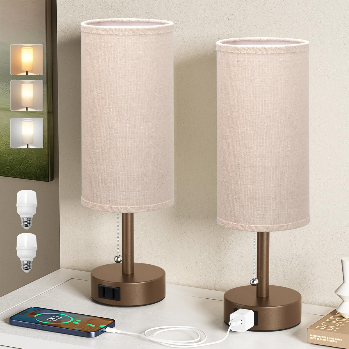 Fenmzee Bedside Table Lamps Set of 2 - Small Nightstand Lamp for Bedroom