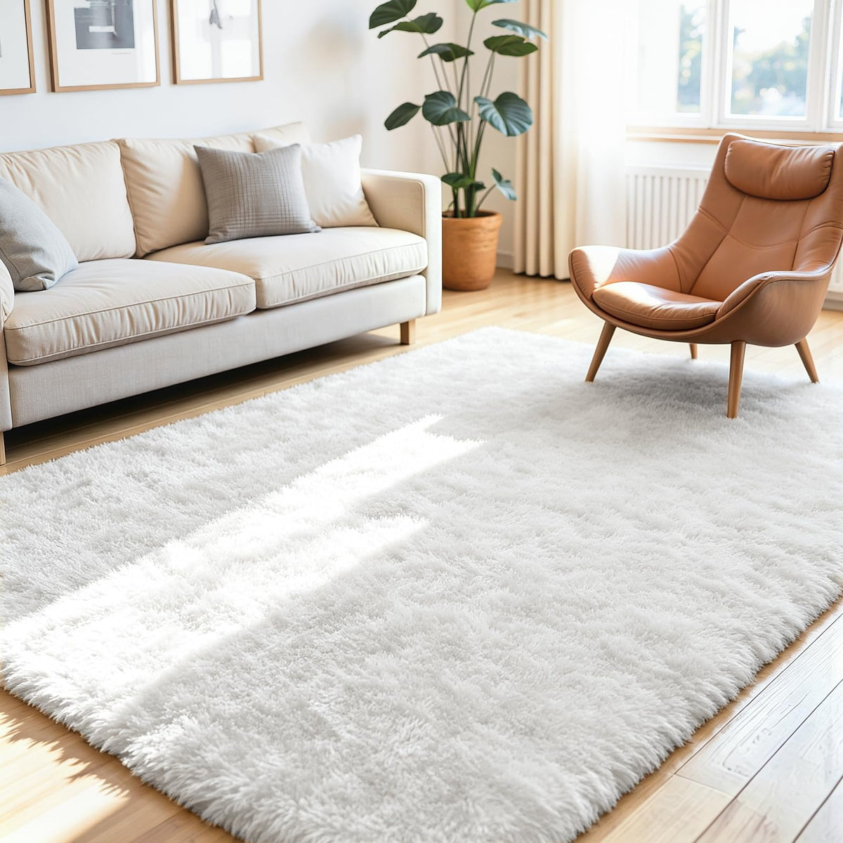 8x10 Fluffy Area Rug for Living Room: Non-Slip Grey Camel Bedroom Carpet
