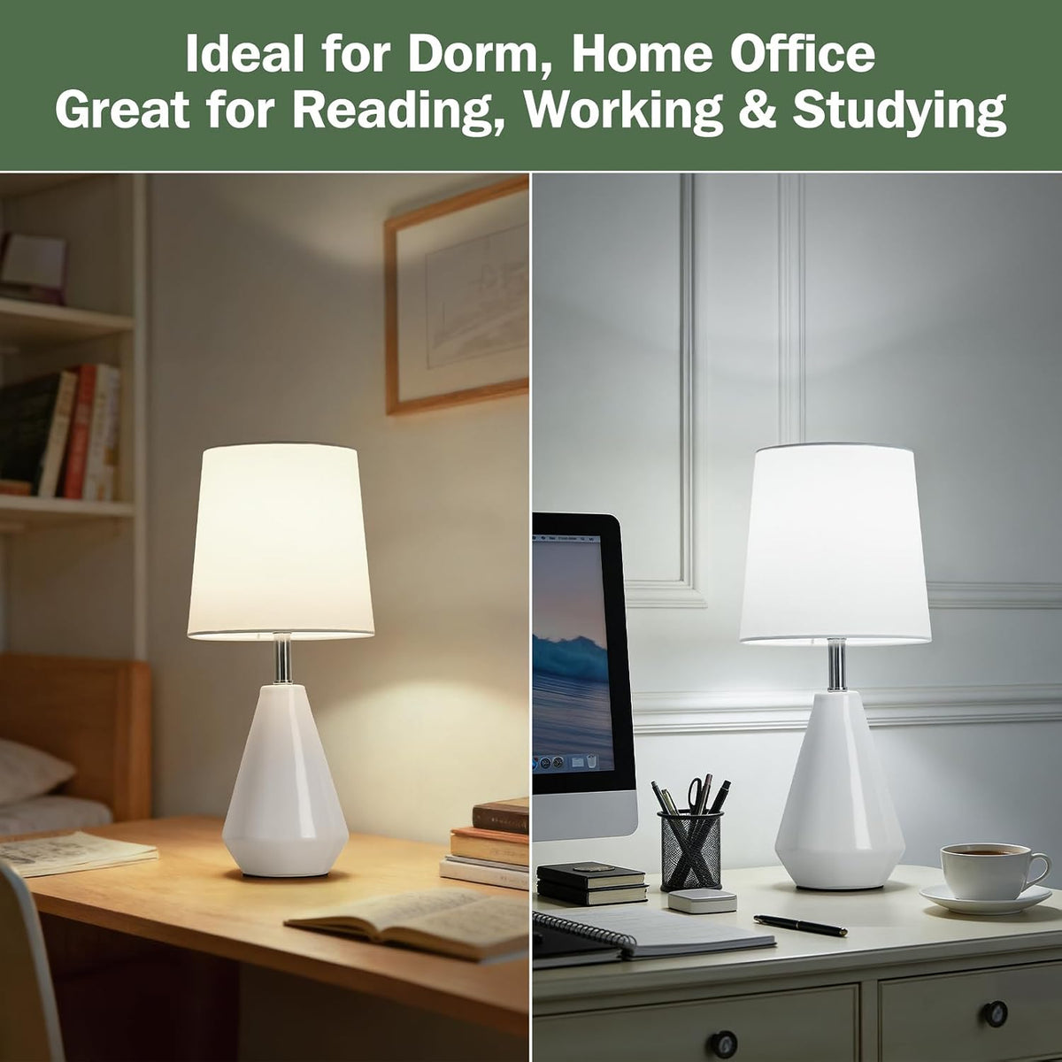 Small Bedside Table Lamp for Bedroom - Reading Desk Lamp with 3 Color Temperatures，15.5" Nightstand Ceramic Lamp with Fabric Shade for Kids Room,Living Room,Dorm,Home Office (White)