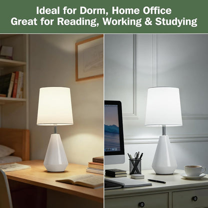 Small Bedside Table Lamp for Bedroom - Reading Desk Lamp with 3 Color Temperatures，15.5" Nightstand Ceramic Lamp with Fabric Shade for Kids Room,Living Room,Dorm,Home Office (White)
