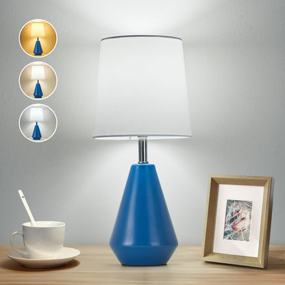 Small Bedside Table Lamp for Bedroom - Reading Desk Lamp with 3 Color Temperatures，15.5" Nightstand Ceramic Lamp with Fabric Shade for Kids Room,Living Room,Dorm,Home Office (White)