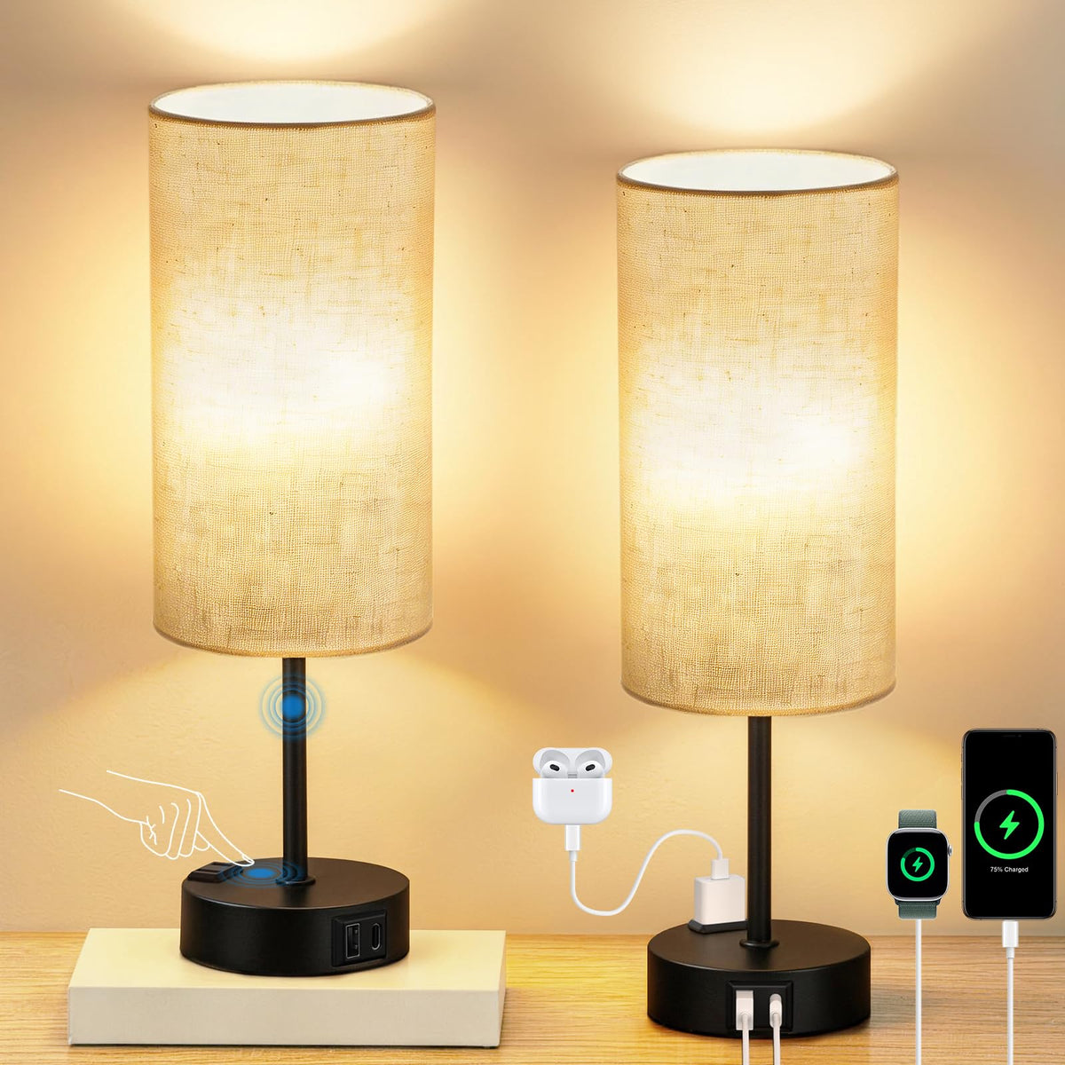 Table Lamp for Bedroom, High-Sensitivity Touch, AC Outlet, USB A+C