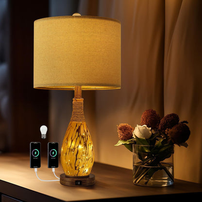 OYEARS Bedside Table Lamp with USB, 23‘’ Black Modern Nightstand Lamps for Bedroom, Retro Rattan Table Lamps for Night Stands, Living Room, Farmhouse Table Lamp with Glass Nightlight Lamps