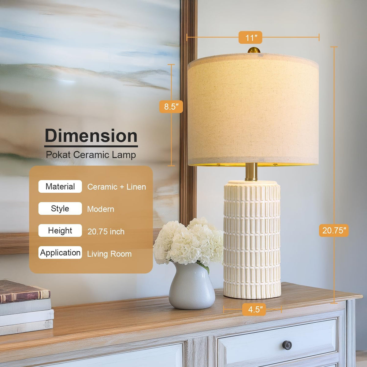 PoKat 20.75" Small Modern Ceramic Table Lamps Set of 2 for Bedroom, White