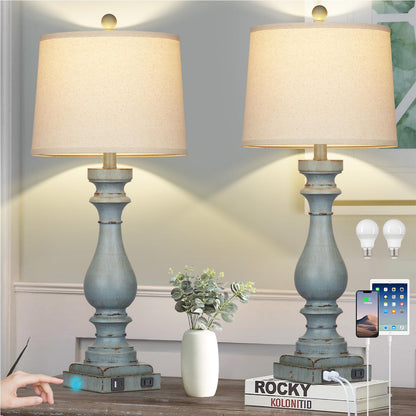 Cinkeda 29" Tall Table Lamp for Living Room Set of 2,Farmhouse Nightstand Bedside Lamps with USB C+A Ports & AC Outlet,3-Way Dimmable Touch Control Desk Lamp for Bedroom,Color 1