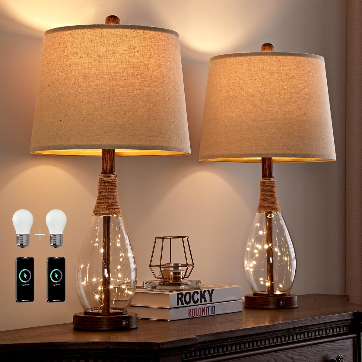 OYEARS Bedside Table Lamp with USB, 23‘’ Black Modern Nightstand Lamps for Bedroom, Retro Rattan Table Lamps for Night Stands, Living Room, Farmhouse Table Lamp with Glass Nightlight Lamps