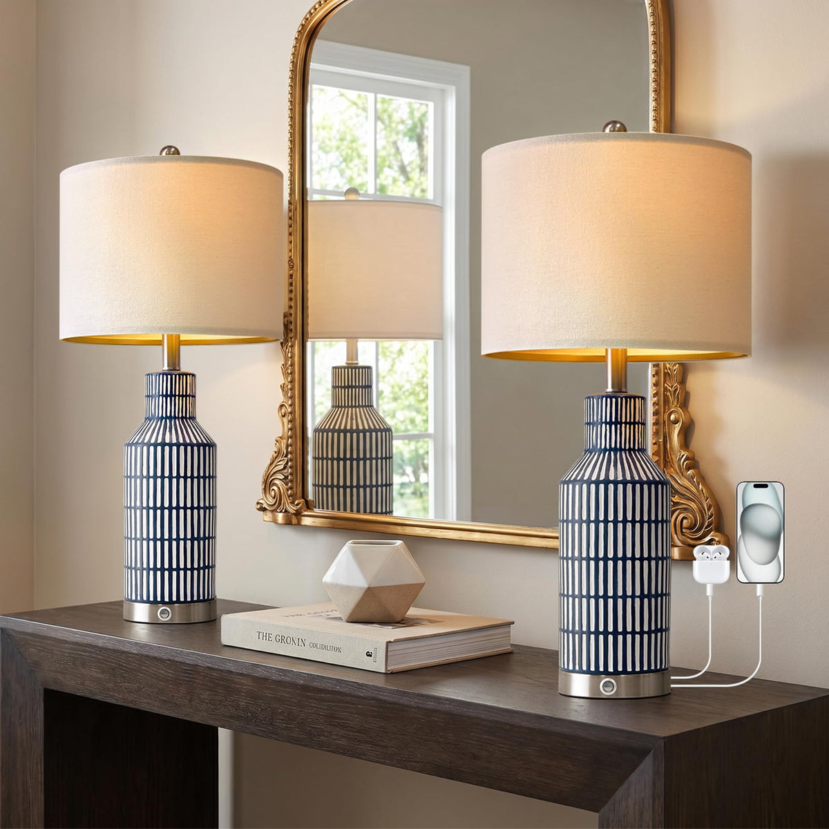 USumkky 25" Modern Ceramic Lamps Single Table Lamp for Living Room Bedroom Farmhouse Nightstand Bedside Lamps