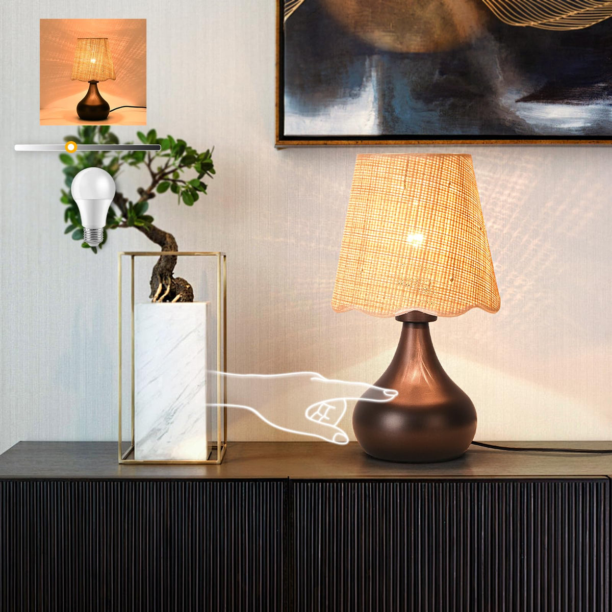 Ziqqeelam Brown Small Bedside Table Lamp for Bedroom, Farmhouse Bedroom Lamps for Nightstand, Rattan Lamp Shade Table Lamps for Small Spaces for Kitchen Counter, Home Office, Living Room, Kids Dorm