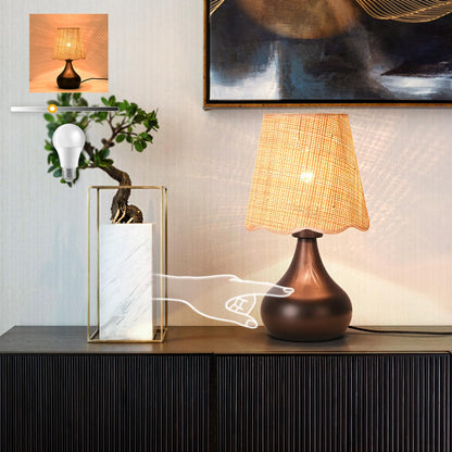 Ziqqeelam Brown Small Bedside Table Lamp for Bedroom, Farmhouse Bedroom Lamps for Nightstand, Rattan Lamp Shade Table Lamps for Small Spaces for Kitchen Counter, Home Office, Living Room, Kids Dorm