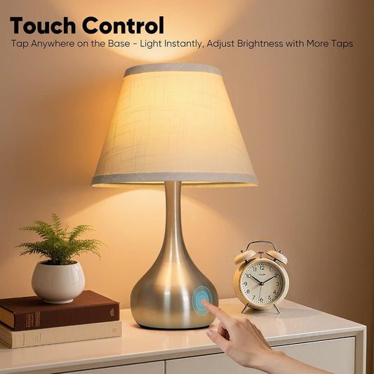 Touch Table Lamp for Bedroom Set of 2, 3-Way Dimmable Bedside Lamp for Nightstand, 17” Modern Metal Desk Lamp with Linen Shade for Living Room, Kids Reading, Dorm, Home Office Decor, Bulb Included