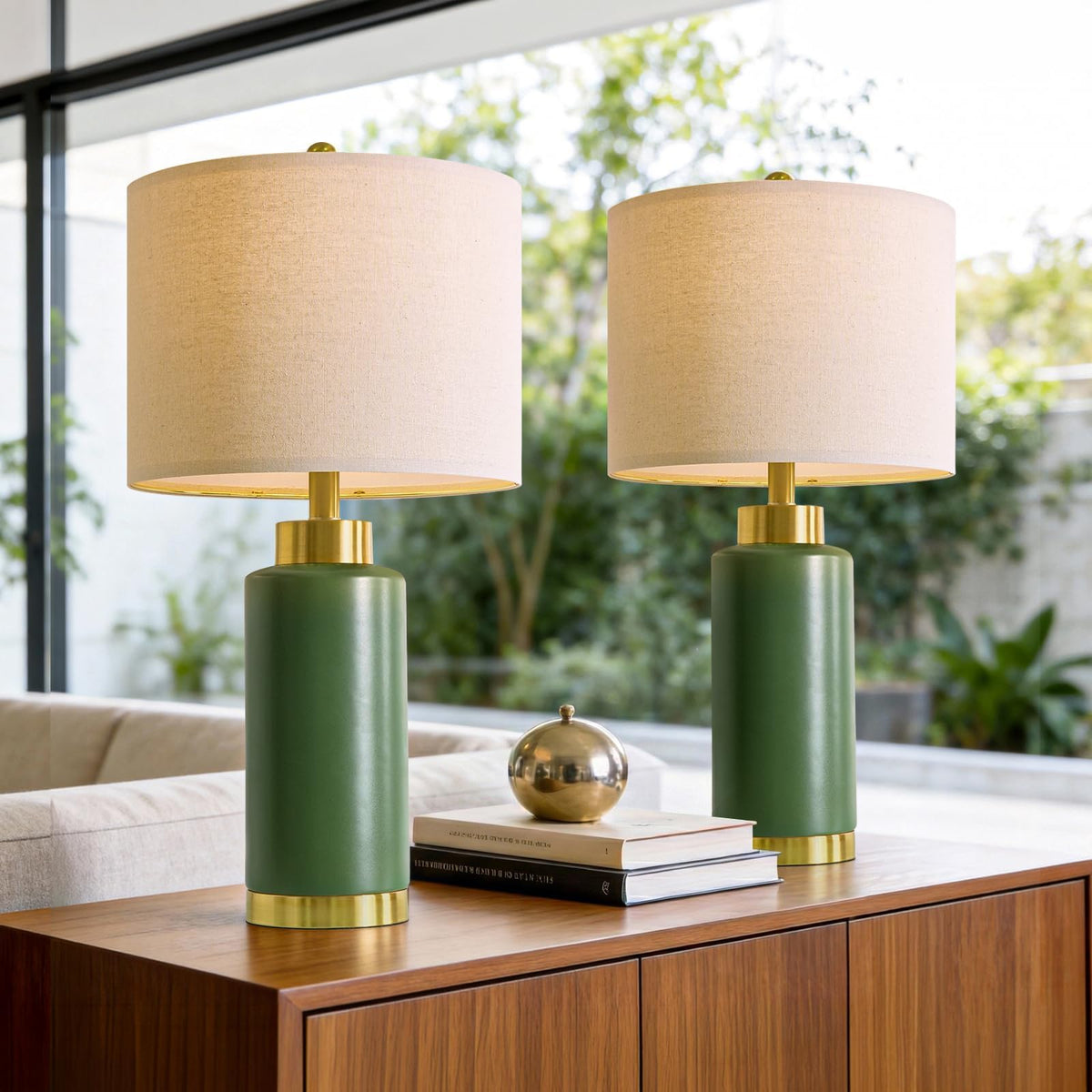 USumkky 24" White Oval Ceramic Table Lamp Set of 2, Modern Minimalist Bedside Nightstand Lamps for Bedroom Living Room, Linen Shade & Gold Metal Base, Rotary Switch E26 (Bulbs Excluded)