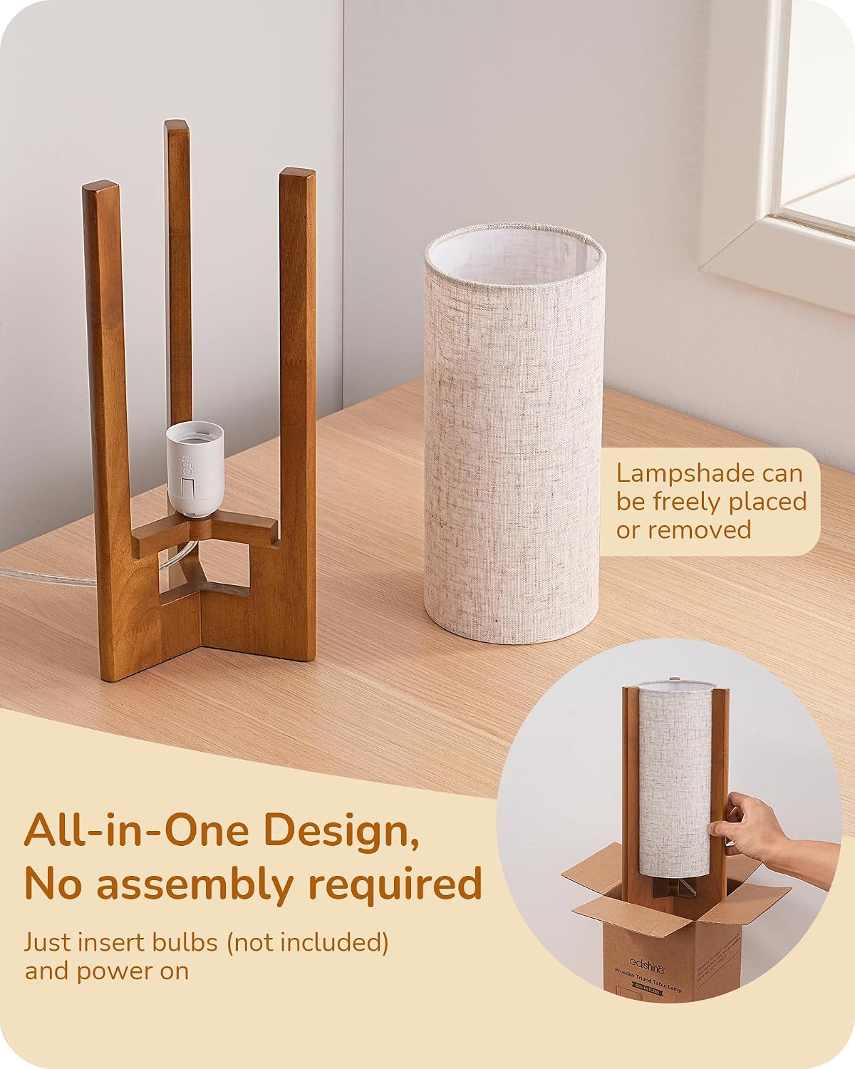 EDISHINE 13.5" Small Table Lamp, Walnut Wood Cylinder Nightstand Lamp, E26