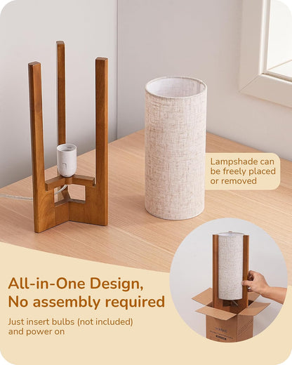 EDISHINE 13.5" Small Table Lamp, Walnut Wood Cylinder Nightstand Lamp, E26