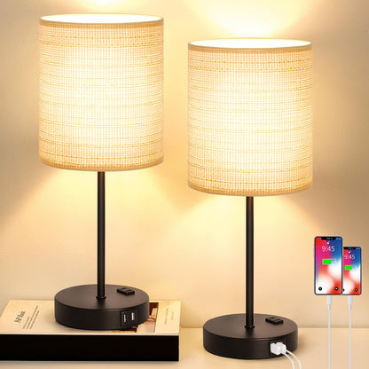 Set of 2 Touch Control Table Lamps with 2 USB & AC Outlet, 3-Way Dimmable Bedside Nightstand Lamps for Bedroom Living Room Nursery, 800 Lumens 5000K Daylight Bulbs Included