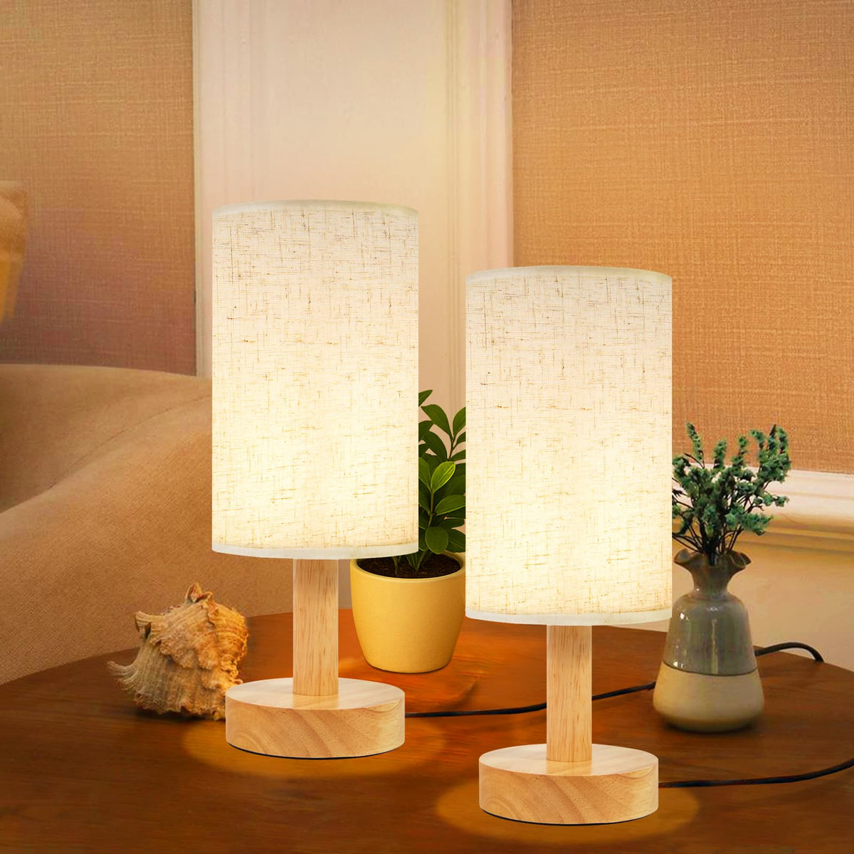 Small Bedside Night Table Lamp for Bedroom, Minimalist Nightstand Lamp with Round Fabric Linen Shade, Study Reading Desk Lamp for Kids Room, Living Room, College Dorm, Home, Office