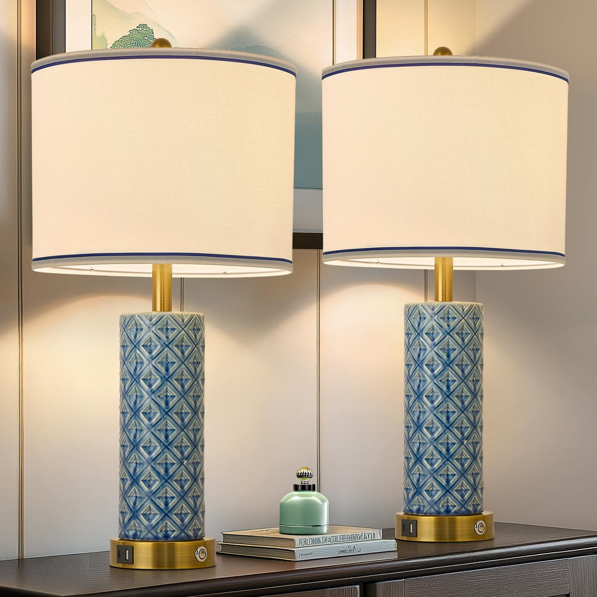 Small Bedside Table Lamp for Bedroom - Reading Desk Lamp with 3 Color Temperatures，15.5" Nightstand Ceramic Lamp with Fabric Shade for Kids Room,Living Room,Dorm,Home Office (White)