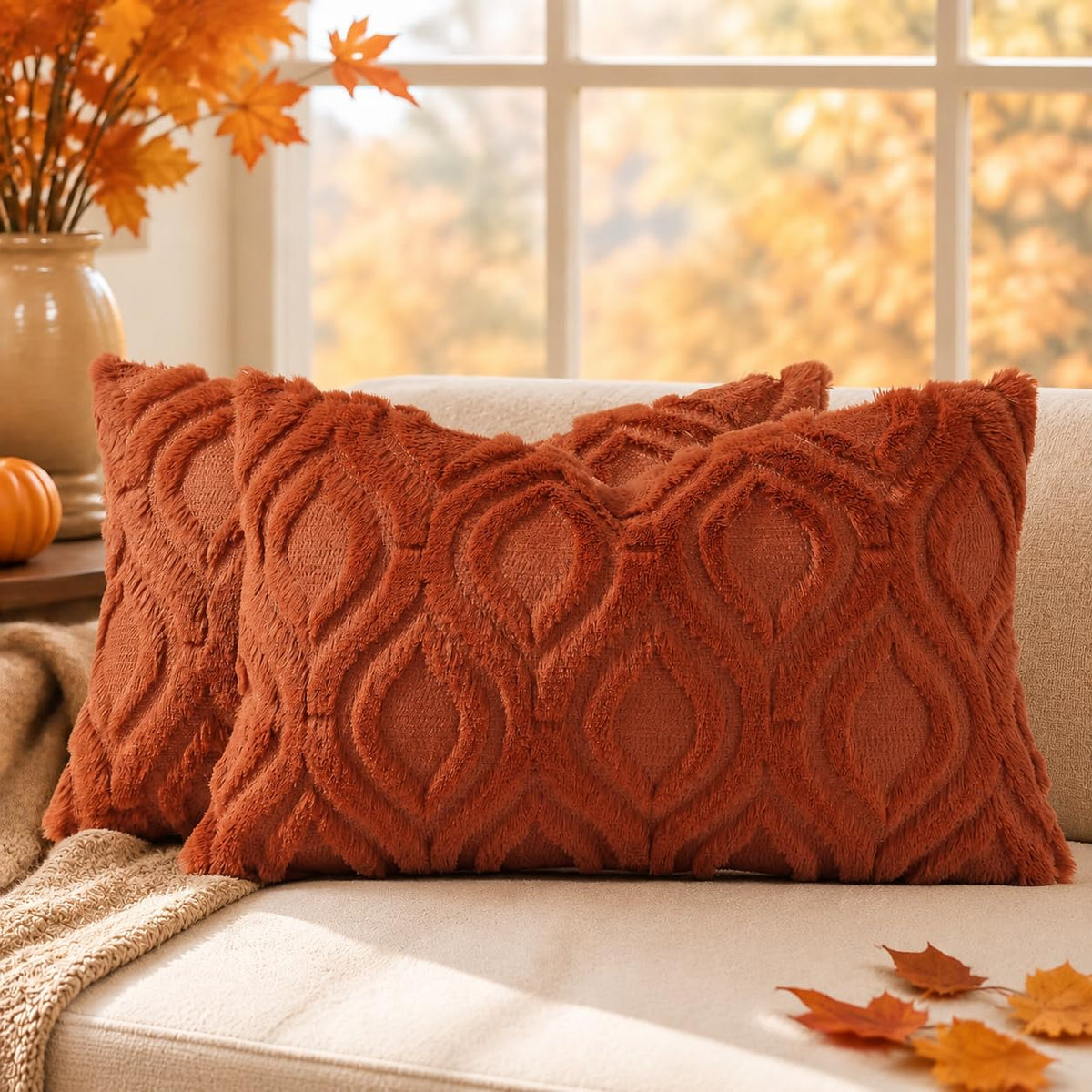 decorUhome Faux Fur Plush Soft Beige Throw Pillow Covers 18x18 Set of 2