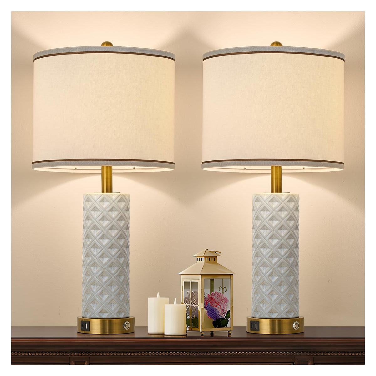 Small Bedside Table Lamp for Bedroom - Reading Desk Lamp with 3 Color Temperatures，15.5" Nightstand Ceramic Lamp with Fabric Shade for Kids Room,Living Room,Dorm,Home Office (White)
