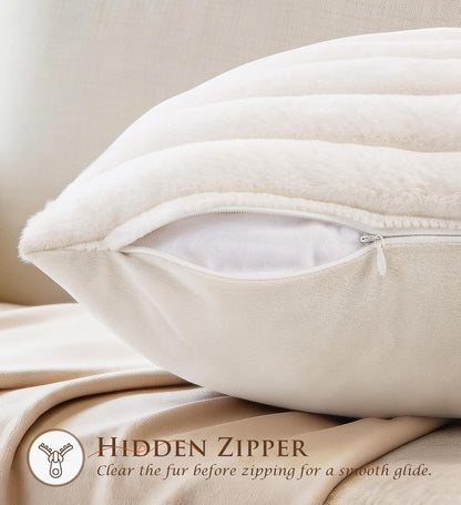 Set of 2 Decorative Throw Pillow Covers 18x18, Faux Fur Cream White