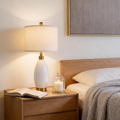 USumkky 24" White Oval Ceramic Table Lamp Set of 2, Modern Minimalist Bedside Nightstand Lamps for Bedroom Living Room, Linen Shade & Gold Metal Base, Rotary Switch E26 (Bulbs Excluded)
