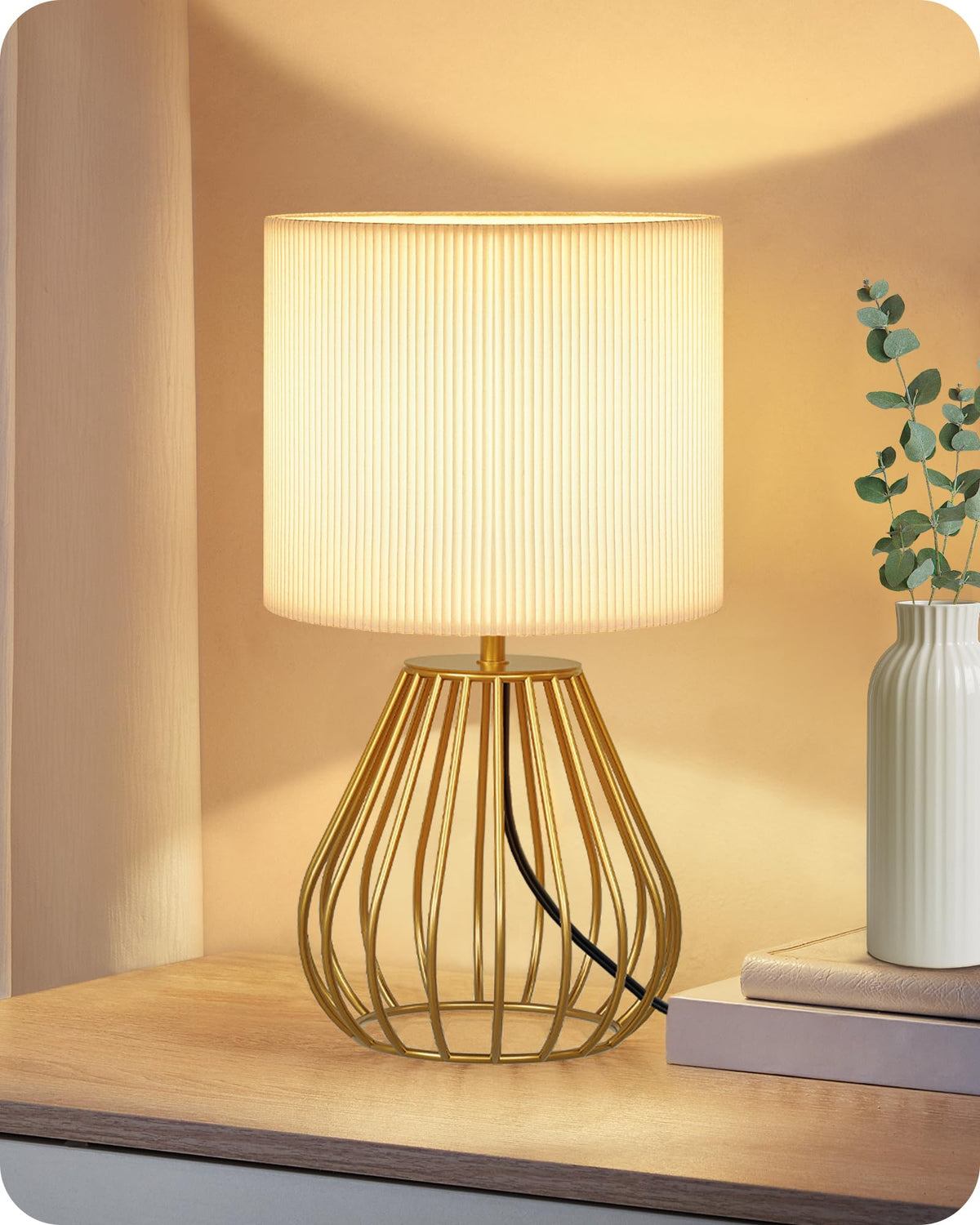 Gold Table Lamp, 12.6 Inch Small Bedside Lamp with 2700K LED Bulb