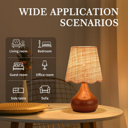 Ziqqeelam Brown Small Bedside Table Lamp for Bedroom, Farmhouse Bedroom Lamps for Nightstand, Rattan Lamp Shade Table Lamps for Small Spaces for Kitchen Counter, Home Office, Living Room, Kids Dorm
