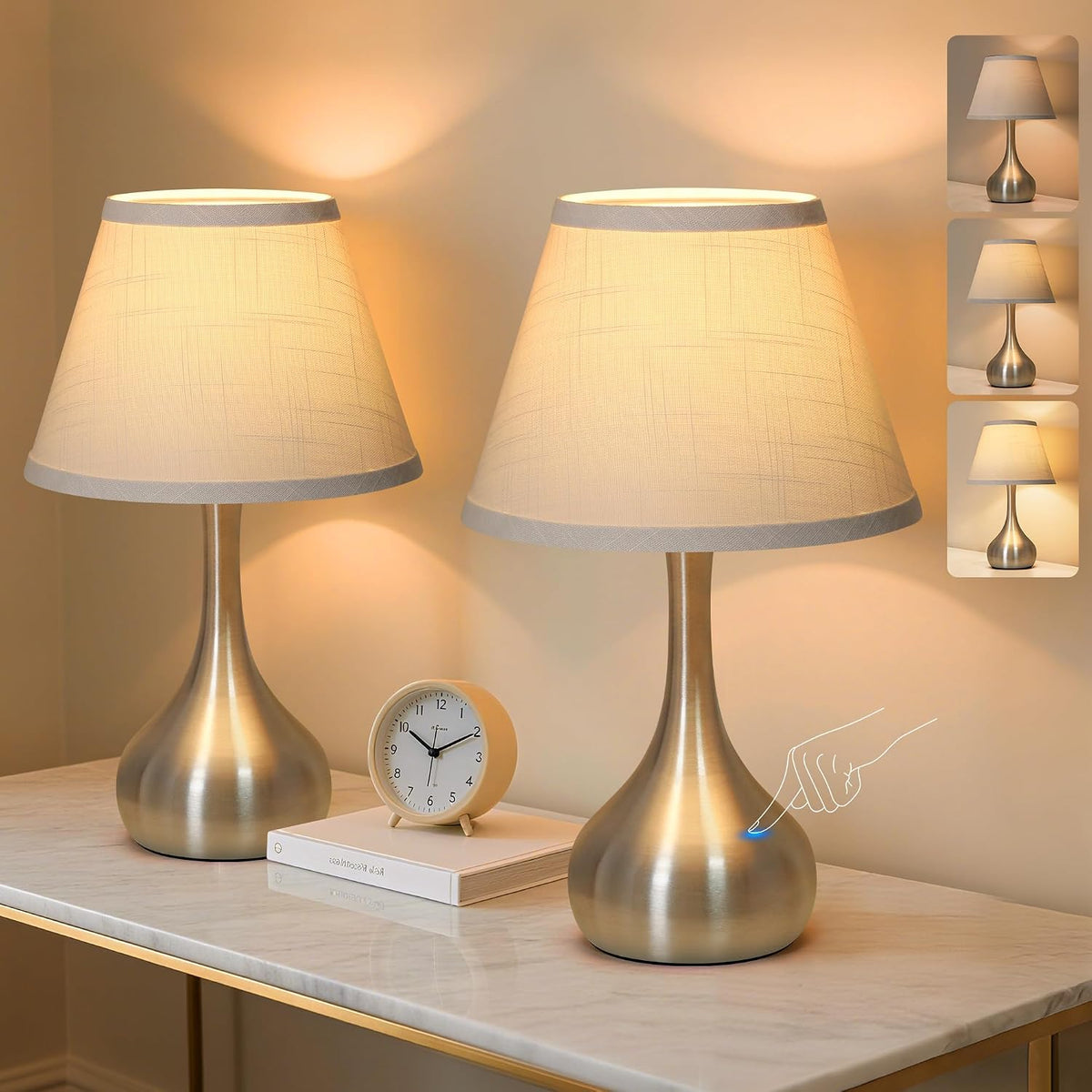 Touch Table Lamp for Bedroom Set of 2, 3-Way Dimmable Bedside Lamp for Nightstand, 17” Modern Metal Desk Lamp with Linen Shade for Living Room, Kids Reading, Dorm, Home Office Decor, Bulb Included