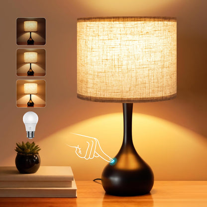 ONEWISH Touch Bedside Lamp, Farmhouse 3-Way Dimmable Table Lamps for Nightstand with Fabric Shade, 17.32'' Desk Lamp for Reading, Bedroom, Livingroom, Office, Corded