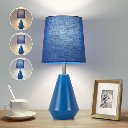 Small Bedside Table Lamp for Bedroom - Reading Desk Lamp with 3 Color Temperatures，15.5" Nightstand Ceramic Lamp with Fabric Shade for Kids Room,Living Room,Dorm,Home Office (White)
