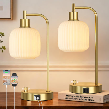 Green Glass Table Lamps Set of 2, Dimmable Bedside Lamps for Living Room