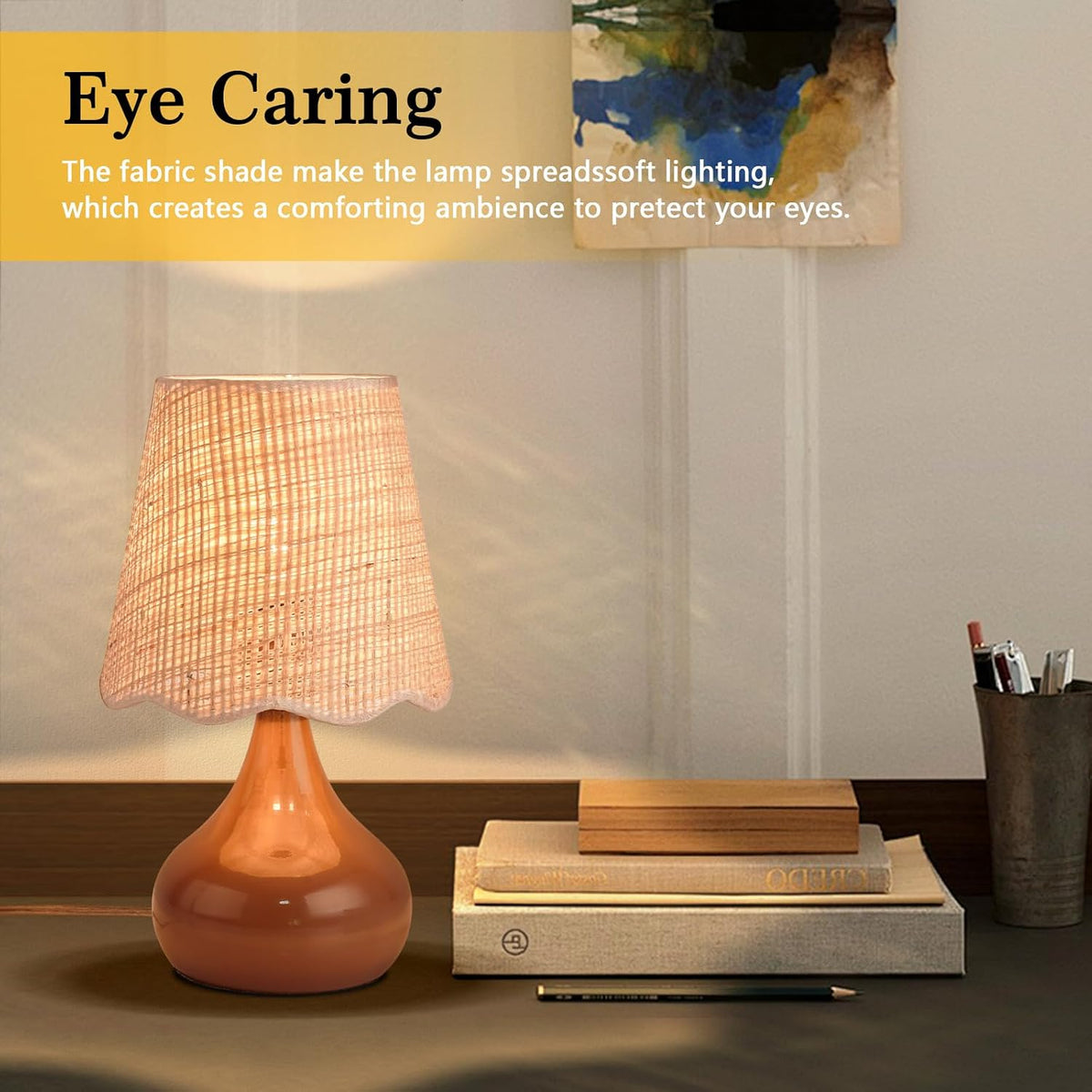 Ziqqeelam Brown Small Bedside Table Lamp for Bedroom, Farmhouse Bedroom Lamps for Nightstand, Rattan Lamp Shade Table Lamps for Small Spaces for Kitchen Counter, Home Office, Living Room, Kids Dorm