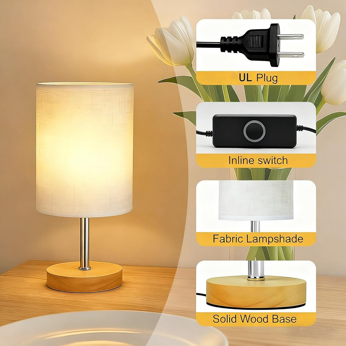 Small Table Lamp for Bedroom, Bedside Lamp with 3000K Warm LED Bulb Included, Nightstand Lamp for Living Room Office Dorm Kids Room, Easy Assemble Minimalist Cream Shade & Wood Base(5W)
