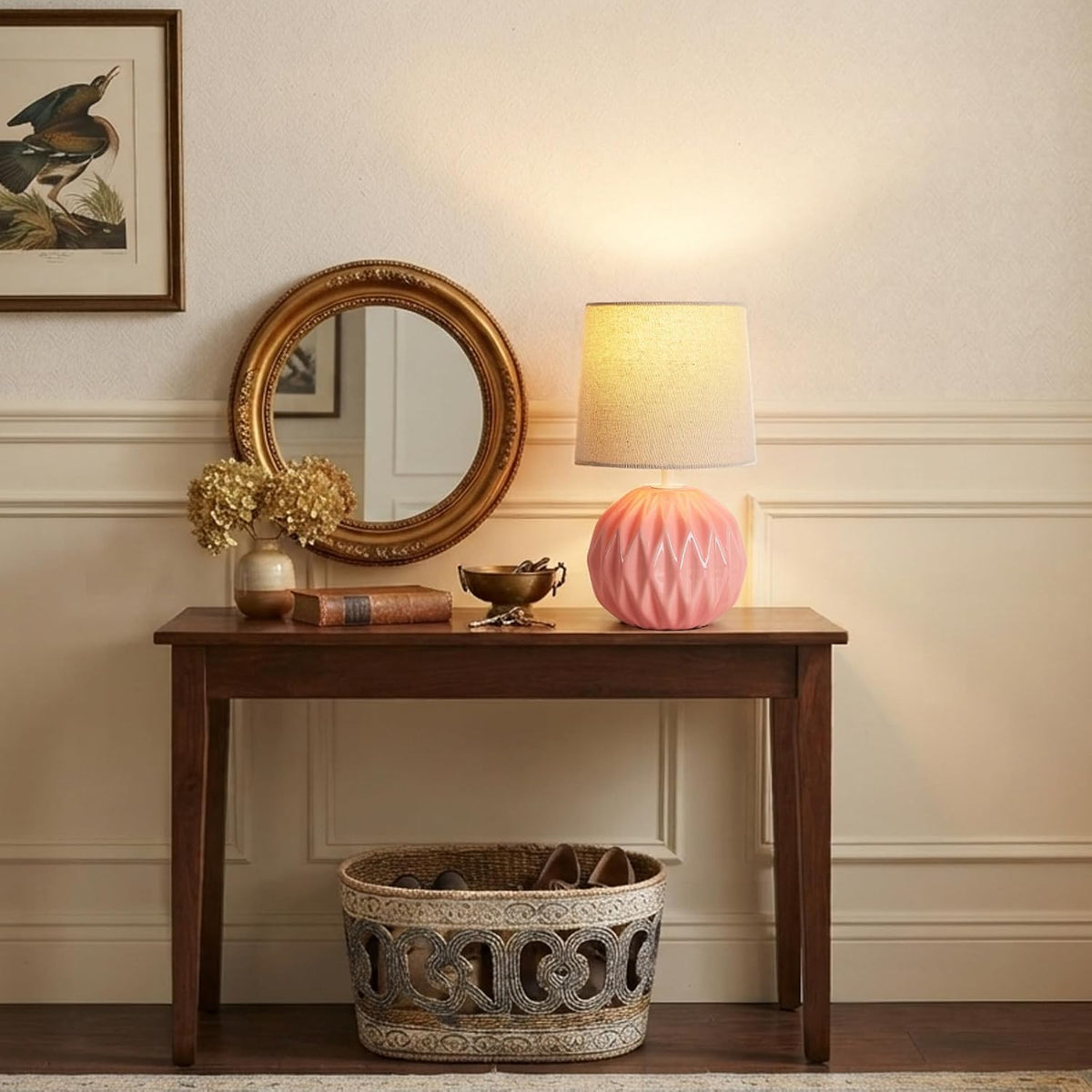Pink Ceramic Table Lamp with Linen Shade, Small Bedside Lamp for Bedroom