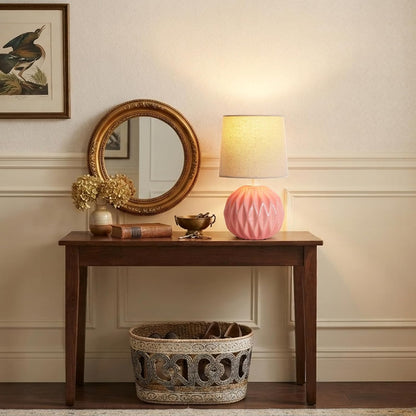 Pink Ceramic Table Lamp with Linen Shade, Small Bedside Lamp for Bedroom