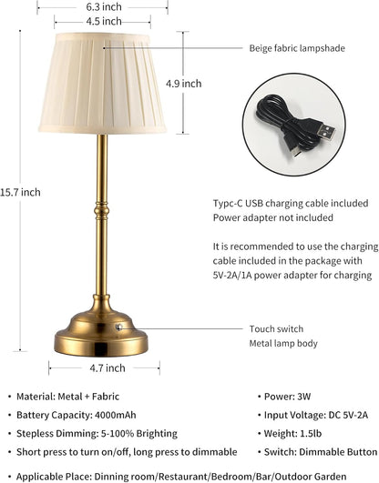 KDG Gold Cordless Portable LED Table Lamp, Beige Fabric Shade Desk Lamp