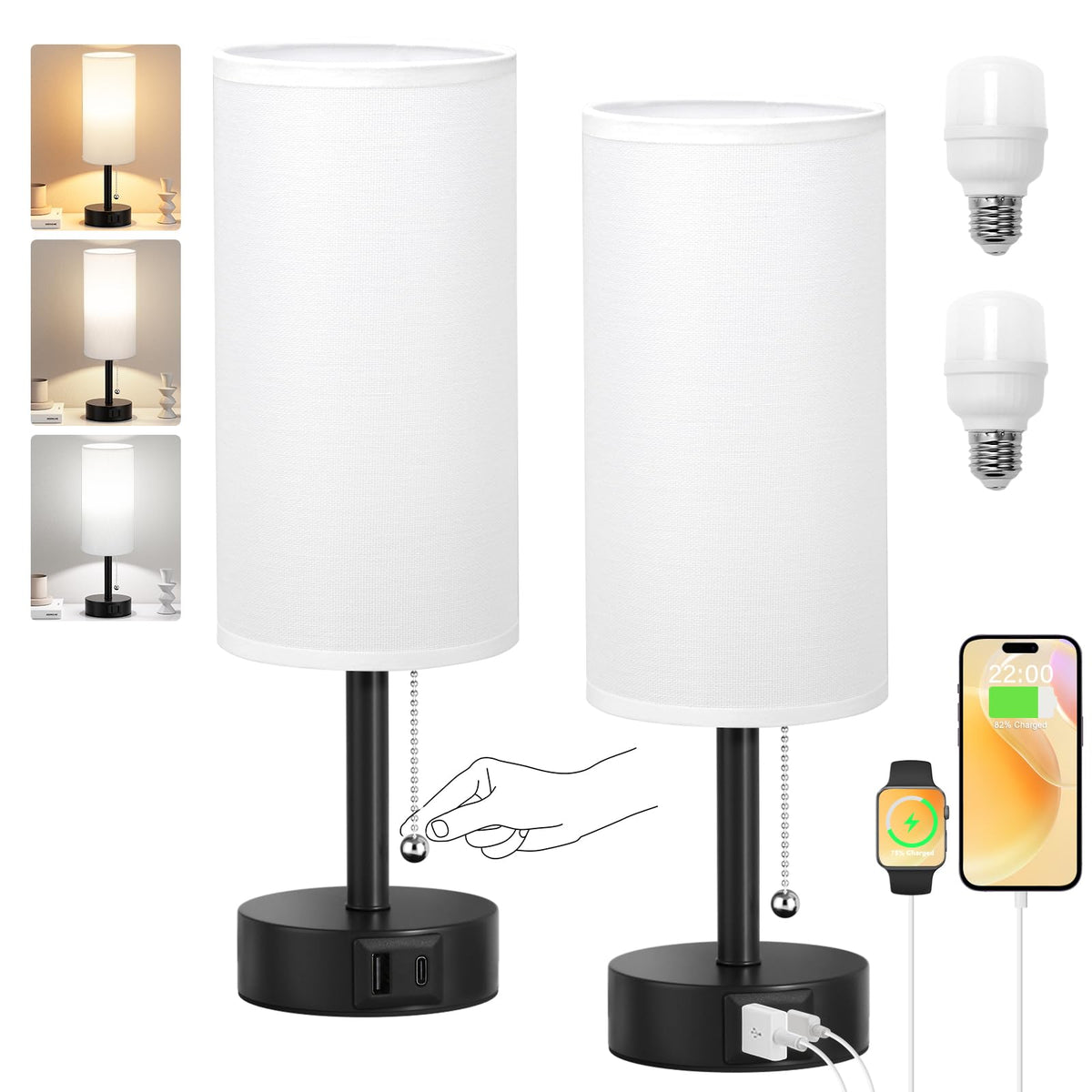 Fenmzee Bedside Table Lamps Set of 2 - Small Nightstand Lamp for Bedroom