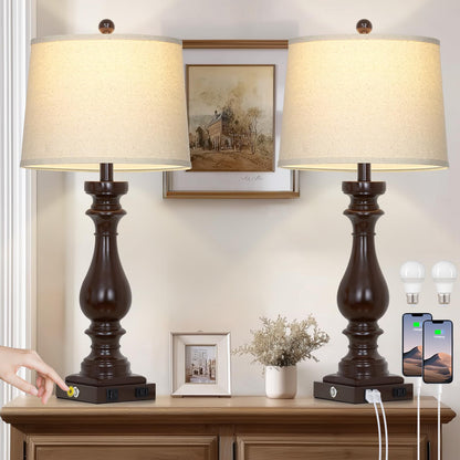 Cinkeda 29" Tall Table Lamp for Living Room Set of 2,Farmhouse Nightstand Bedside Lamps with USB C+A Ports & AC Outlet,3-Way Dimmable Touch Control Desk Lamp for Bedroom,Color 1