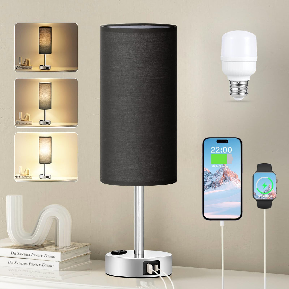 Fenmzee Bedside Table Lamp for Bedroom - Dimmable Touch, USB A+C, AC Outlet