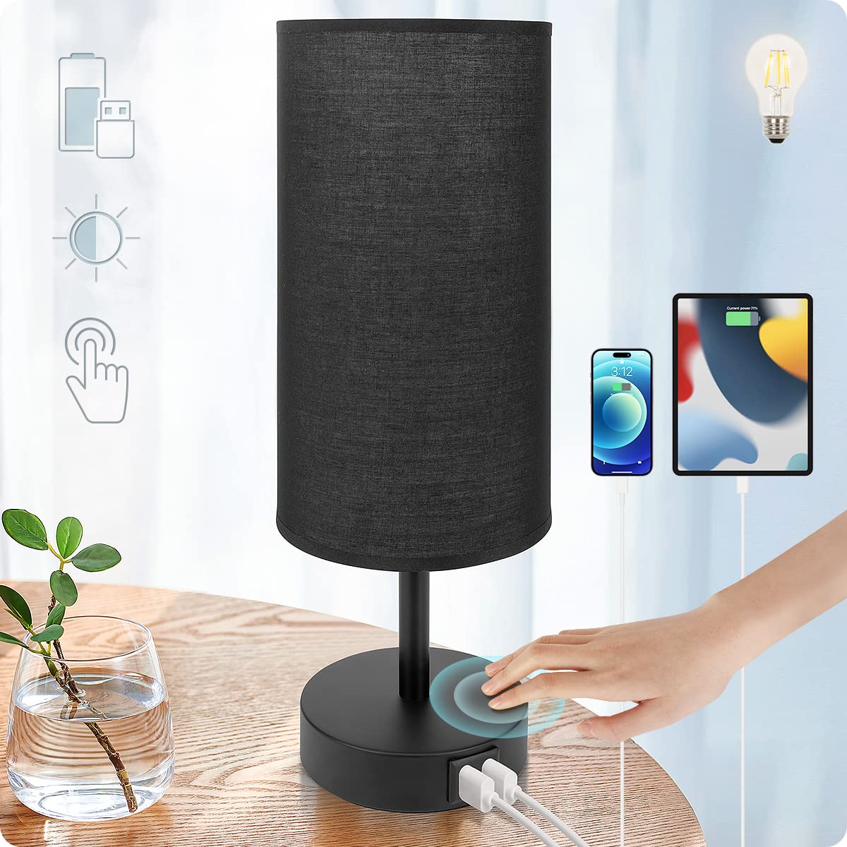 Yarra-Decor Bedside Table Lamp with USB Ports, Touch Dimmable Nightstand