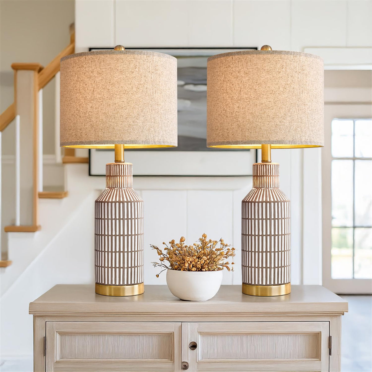 USumkky 25" Modern Ceramic Lamps Single Table Lamp for Living Room Bedroom Farmhouse Nightstand Bedside Lamps