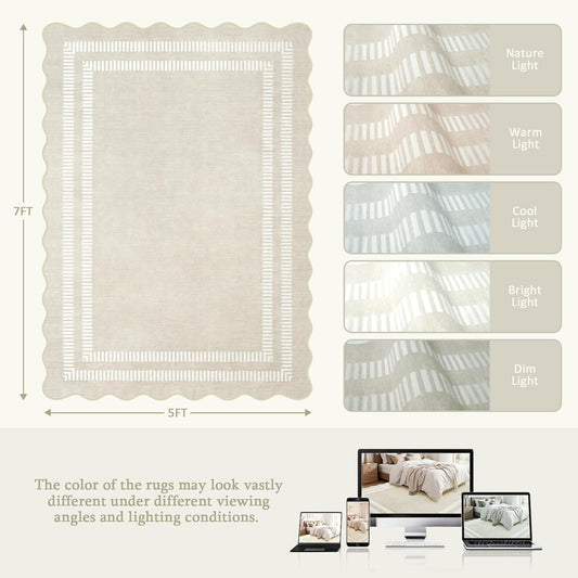 Area Rugs 5x7 Living Room Washable Modern Rug, Neutral Beige Soft Non Slip Rugs Ultra-Thin Indoor Carpet for Bedroom Dining Room Nursery Home Office