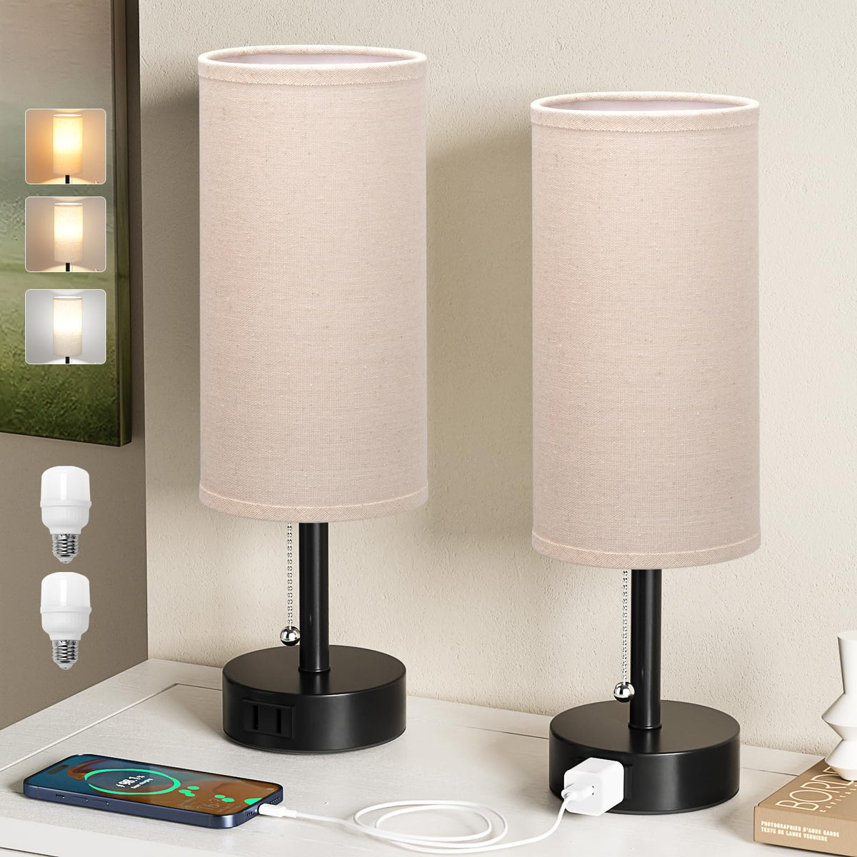 Fenmzee Bedside Table Lamps Set of 2 - Small Nightstand Lamp for Bedroom