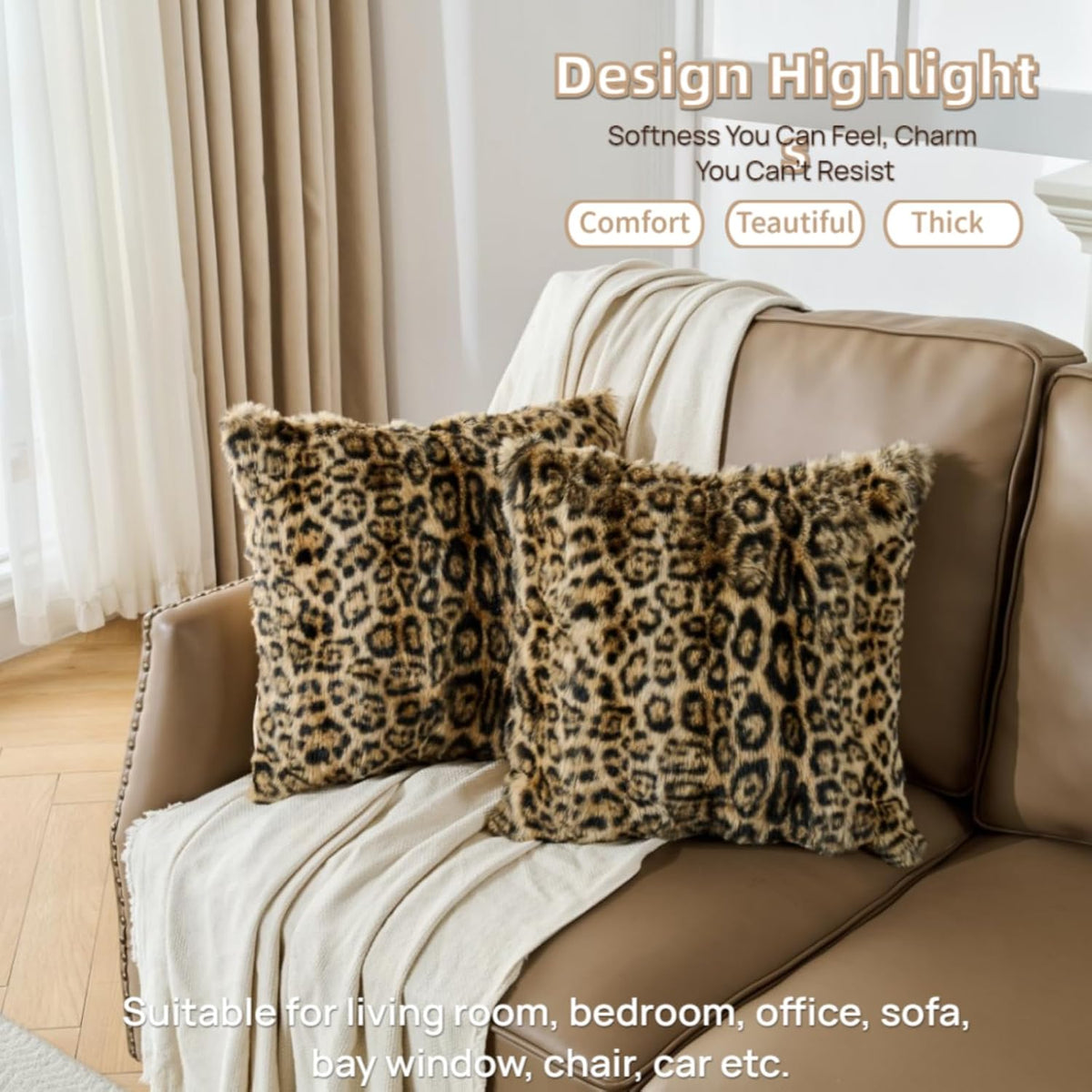 Cheetah Print Faux Fur Fluffy Pillowcases,Plush Soft Throw Pillow Covers, Fuzzy Decorative Leopard Print Pillow Cases, Furry Brown Leopard Cushion Covers for Couch Sofa-18x18 inch Set of 2